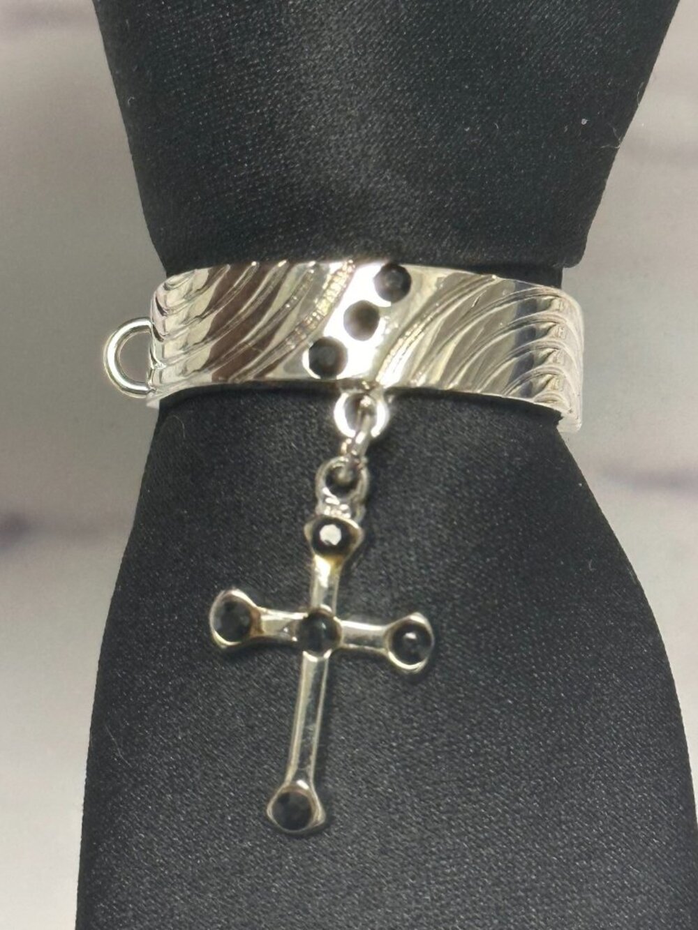 3/$30 Silver Tone Cross Charm Necktie Clip Black Rhinestone Dangle Religious Tie